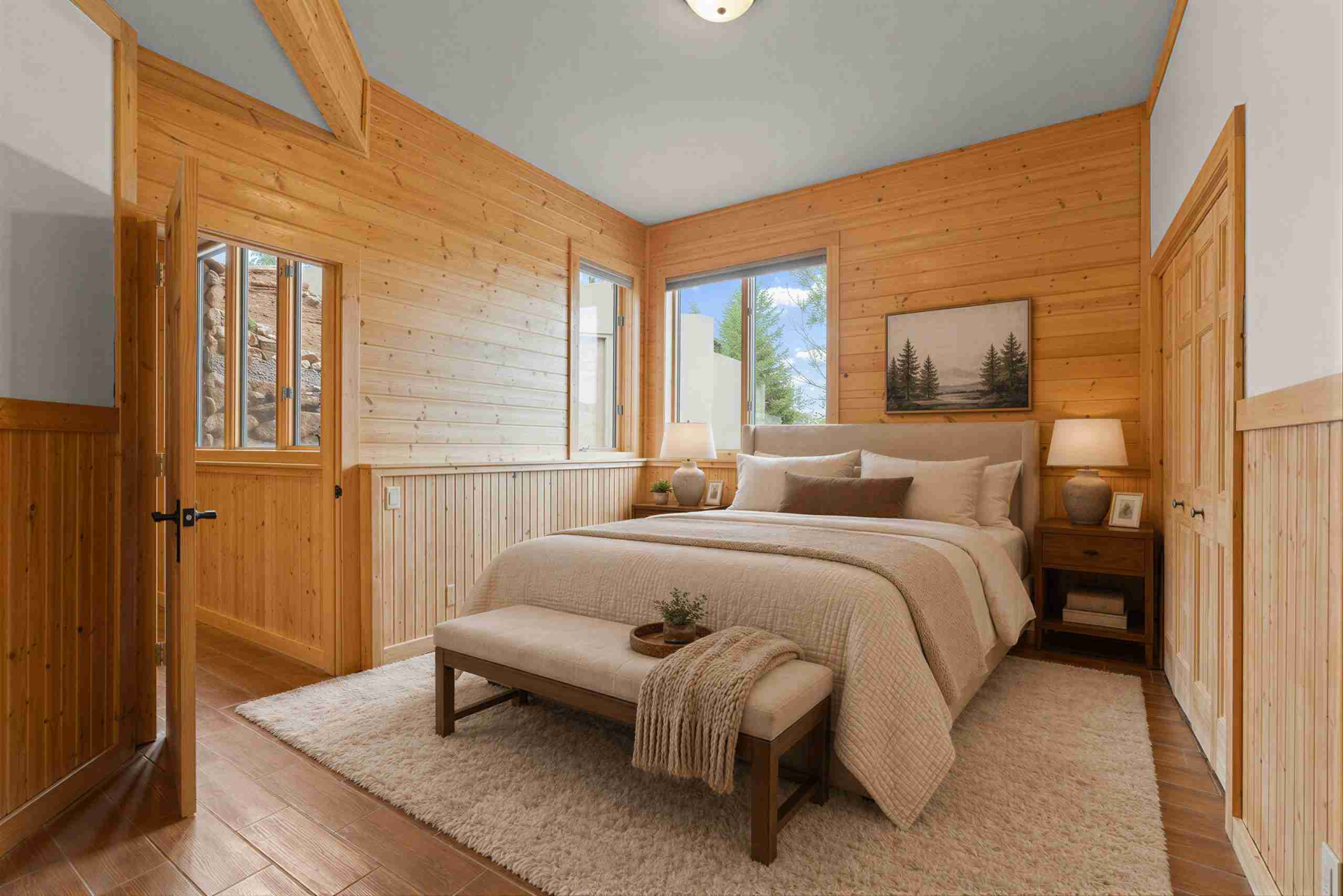 One of six bedrooms