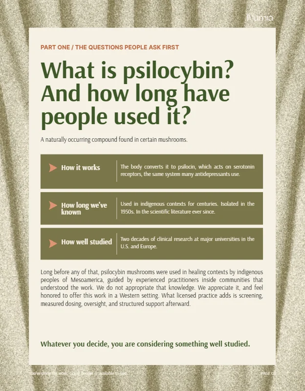 Back cover of the free Numia Healing Center guide to psilocybin therapy