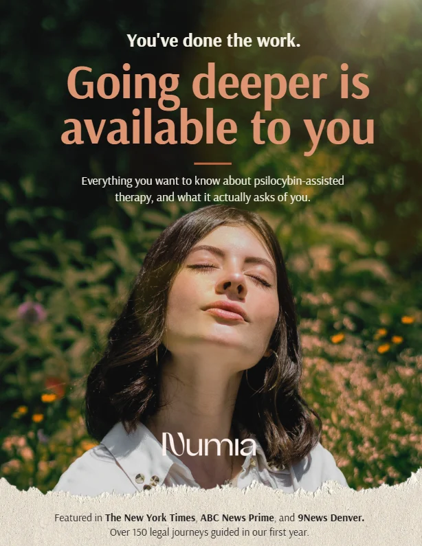 Front cover of the free Numia Healing Center guide to psilocybin therapy