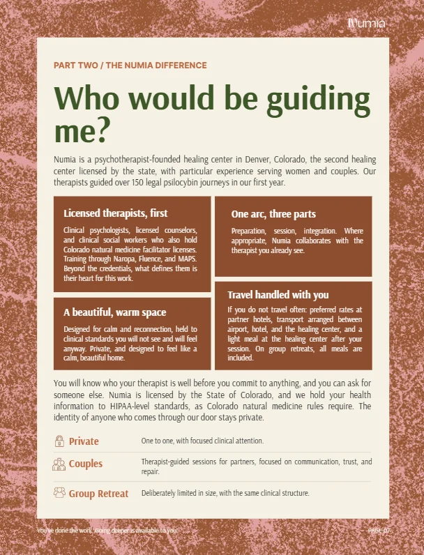 Inside page of the free Numia Healing Center guide to psilocybin therapy